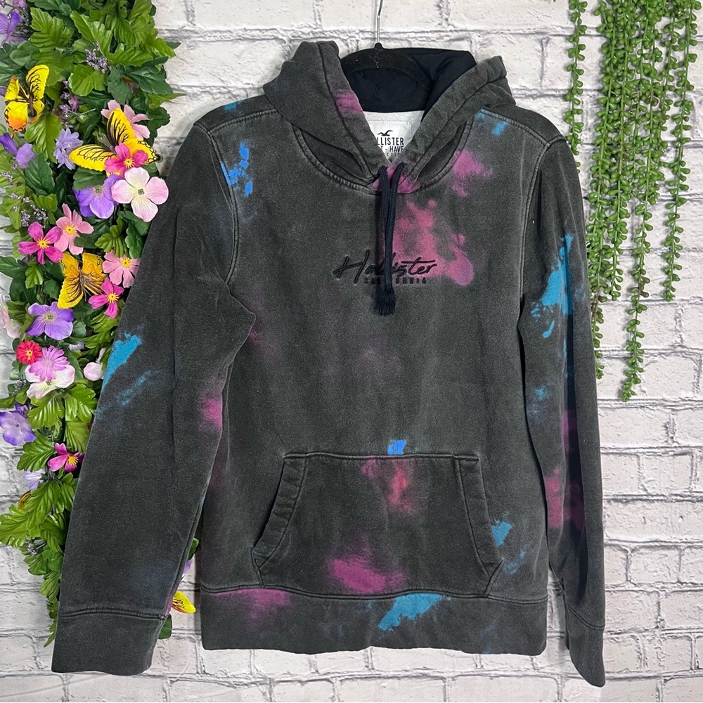 -Hollister Black Acid Wash Tie Dye Hooded Pullover Sweater Size Small